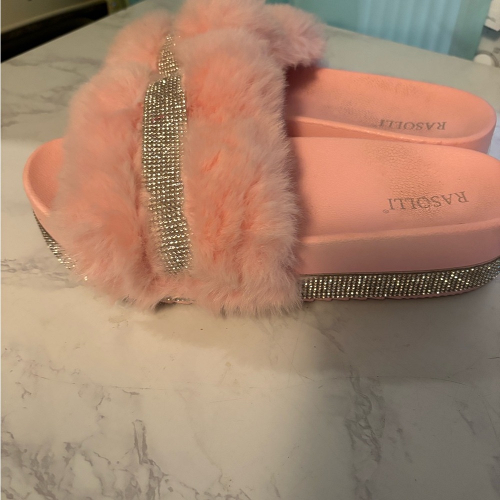 Pink Fur Slide Sandals with Rhinestone Accents